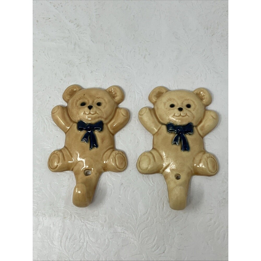 2 VTG Ceramic Teddy Bear w Blue Bow Wall Hook Hangers Set Baby Boy Nursery Beige